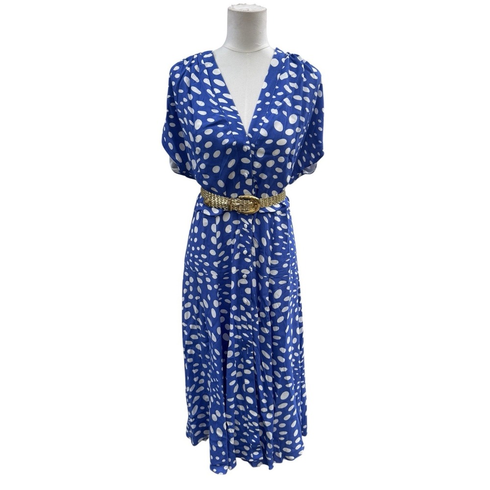 Nicole Miller Capsule Blue‎ White Polka Dot Midi Dress NWT Large